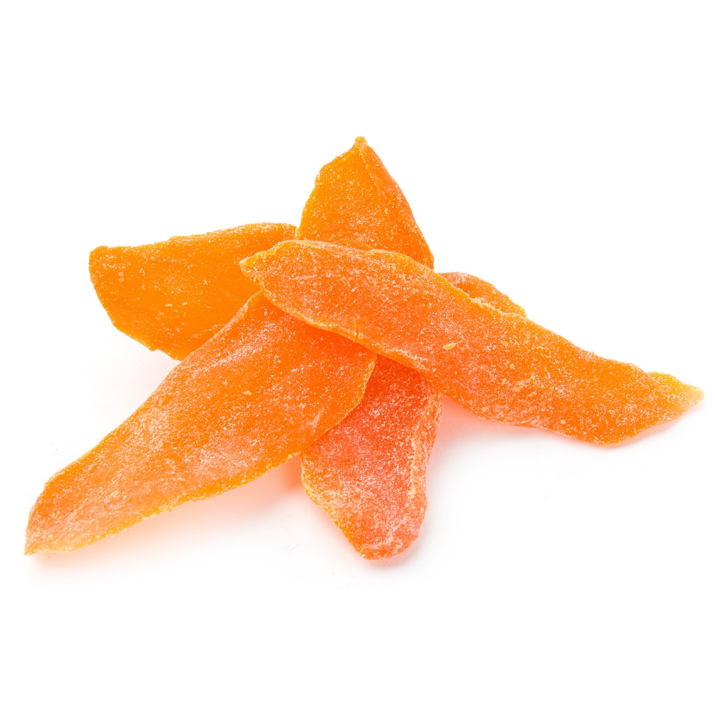 Pieces of dried mango slices with a sugary coating, arranged on a white background.