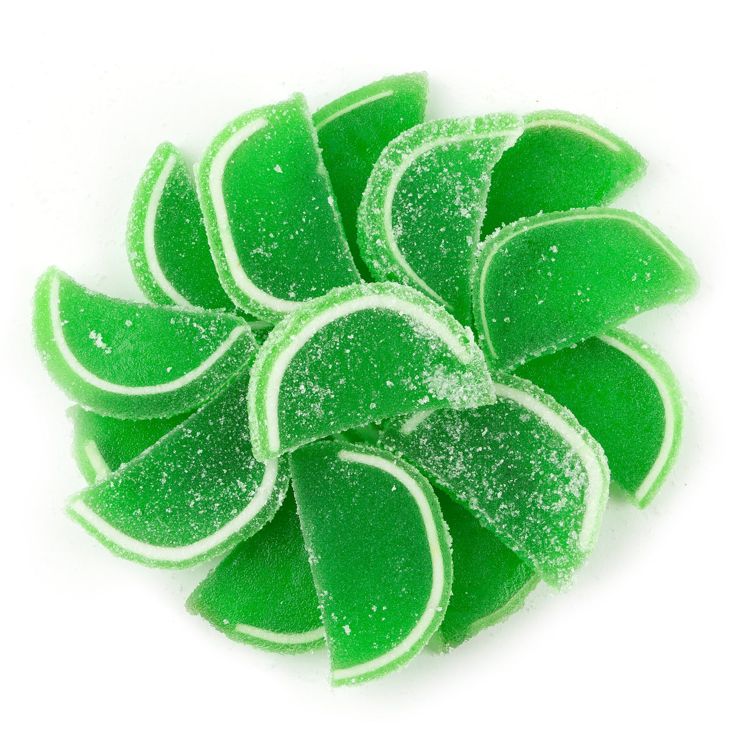Bright green lime jelly fruit slices, shaped like lime wedges, sprinkled with sugar on a white background.