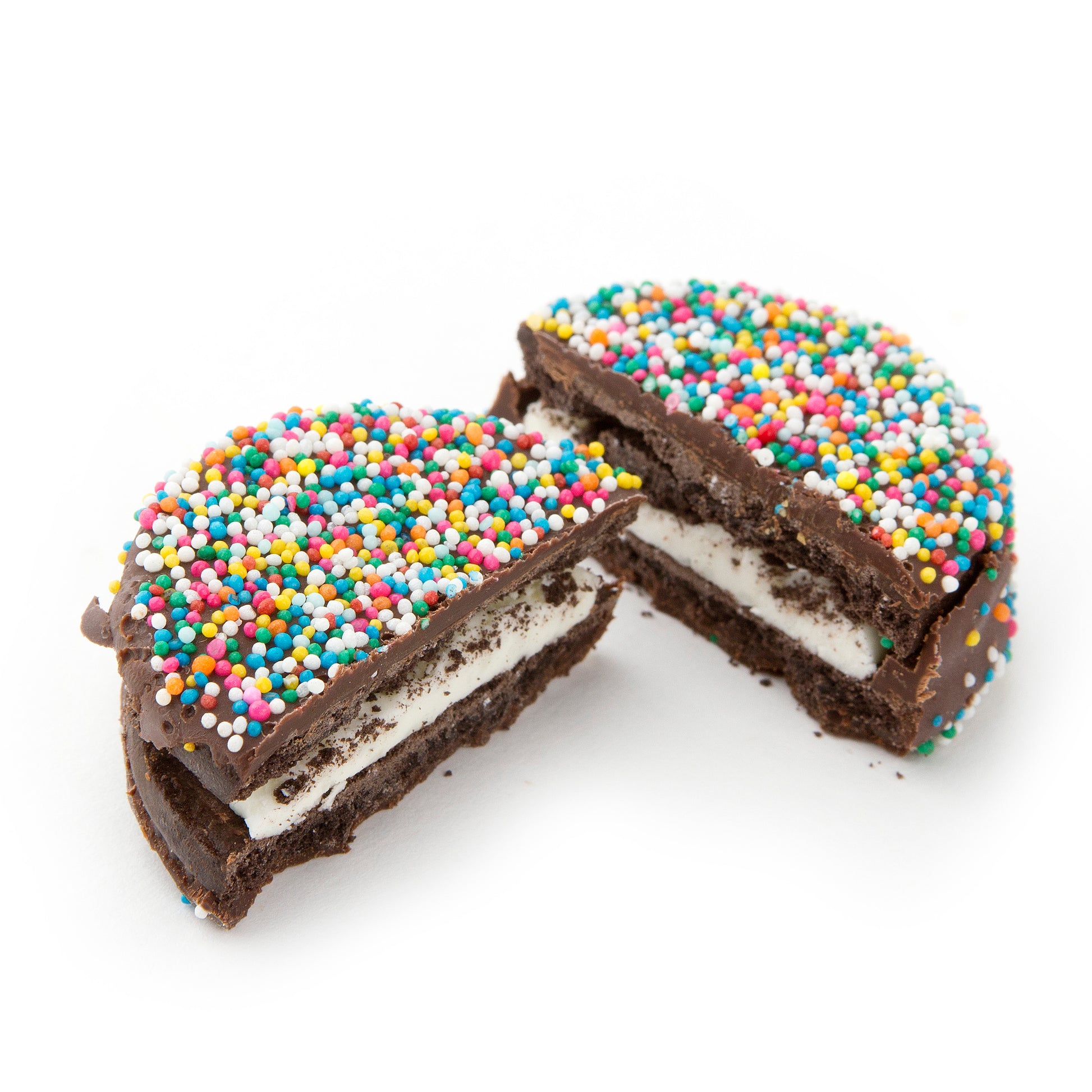 Rainbow Nonpareils Dark Chocolate Coated Sandwich Cookies