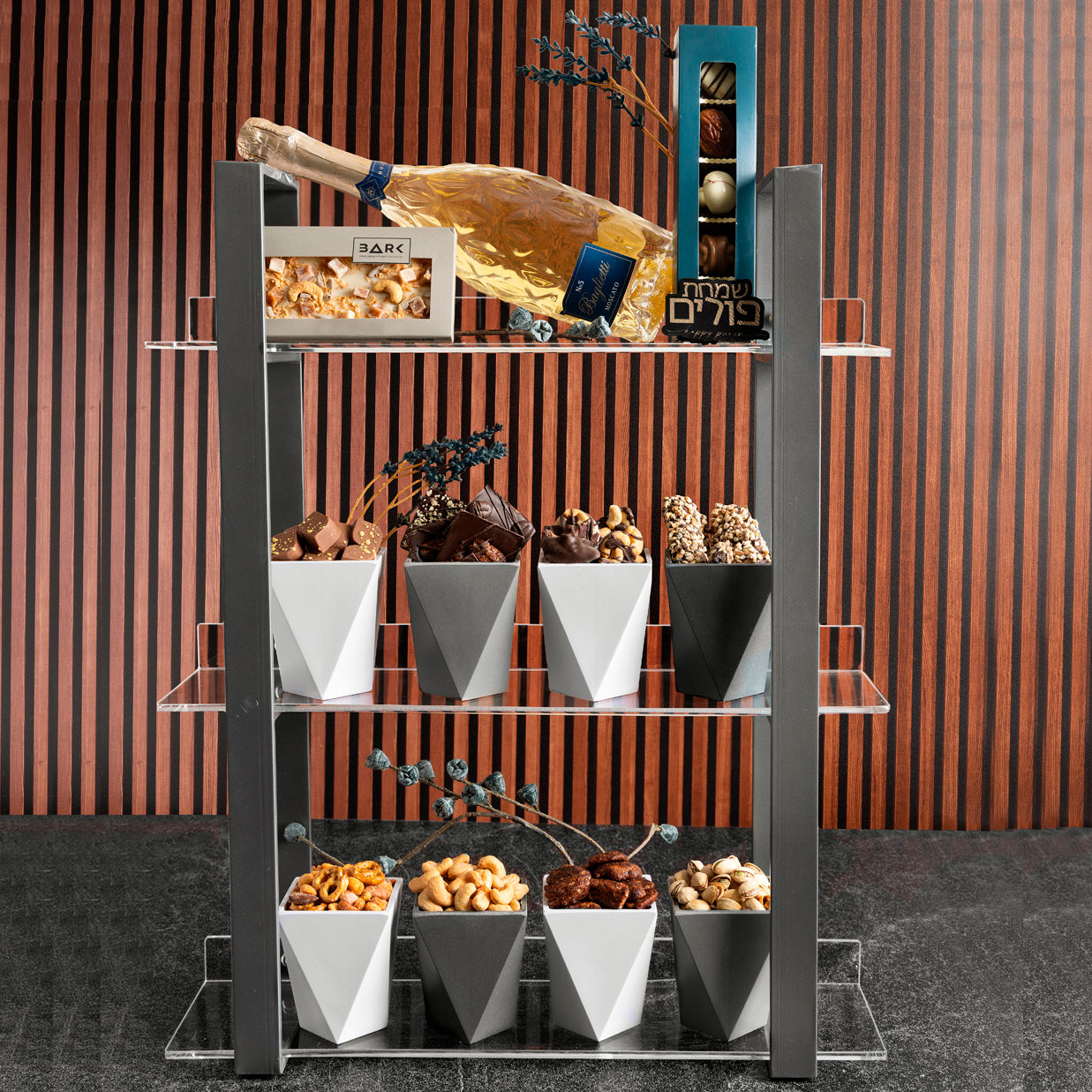 Purim Delights: 3-Tier Treat Tower Mishloach Manos Gift Basket