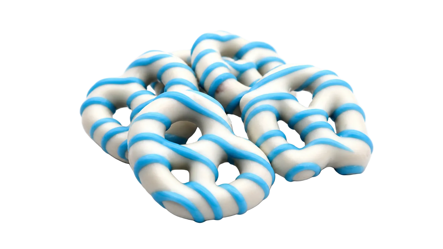 White Chocolate Covered Mini Pretzels with Blue Drizzle