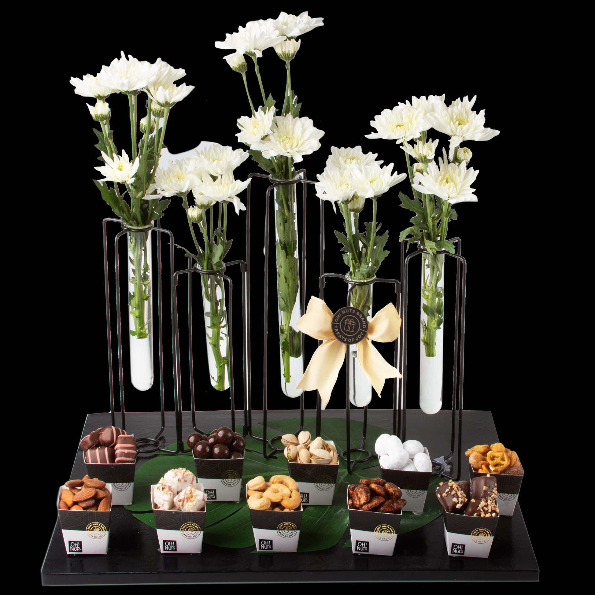 Elegant Fresh Flowers Test Tube Vase Chocolate & Nuts Gift Basket