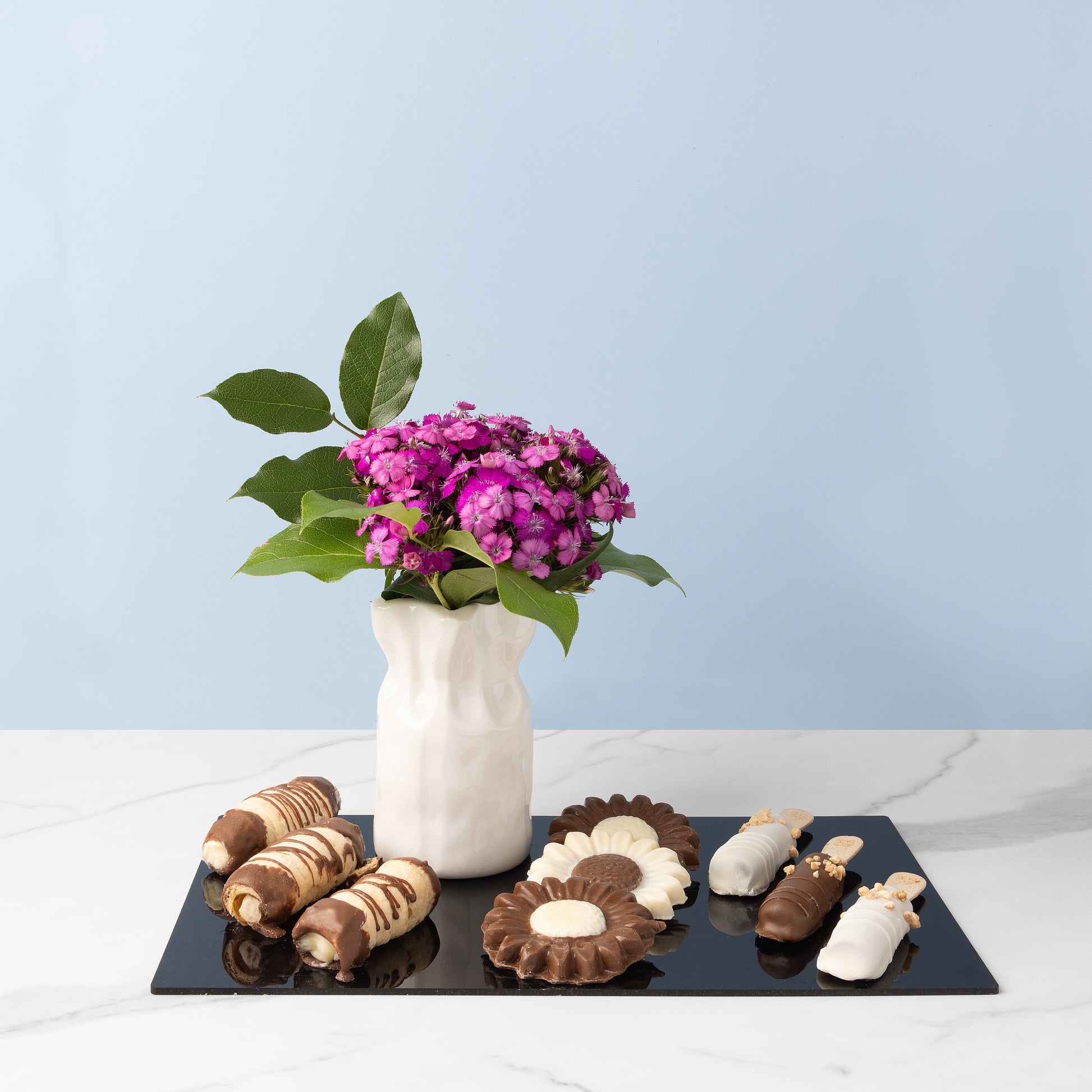 Shavuos Delicate Fresh Flowers Chocolate Platter Gift Basket